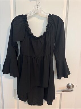 Black High/Low Ruffle Neck Off The Shoulder Long Sleeve Blouse